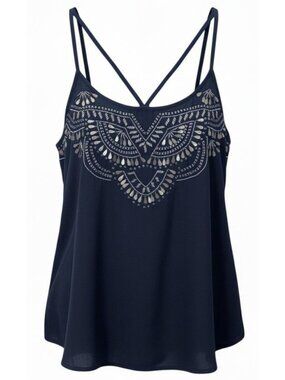 Womens Spaghetti Strap Tank Top Women Sz XS Abercrombie & Fitch Navy Beaded Boho